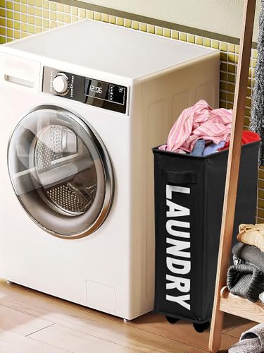 23inch Slim Laundry Basket 44L Rolling Laundry Hamper on Wheels -Collapsible Clothes Hamper with Handle -Freestanding Laundry Bin Narrow Laundry Bag Yoga Mat Storage Racks