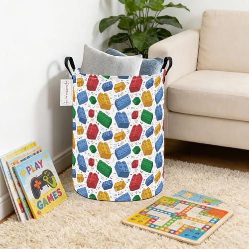 QUEENLALA Large Storage Basket,Laundry Hamper/Bathroom/Home Decor/Collapsible Round Storage Bin,Boys and Girls Hamper/Boxes/Clothing(Round-Blocks) - color: Round-Blocks
