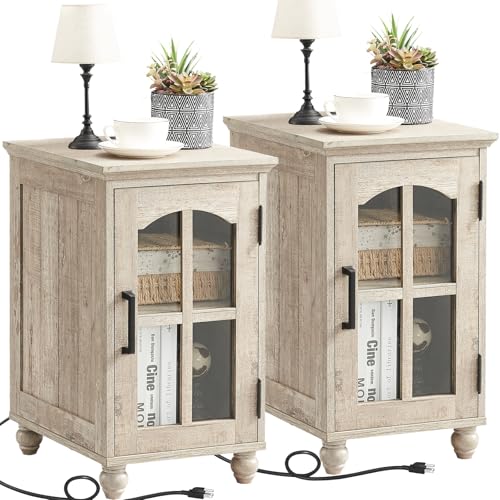 Narrow Side Table Set of 2,Farmhouse Nightstand with Charging Station,End Table with Glass Barn Door Storage, Cabinet Organizer with Adjustable Shelf, Night Stand for Small Spaces Living Room Bedroom - color: Grey, size: Set 2