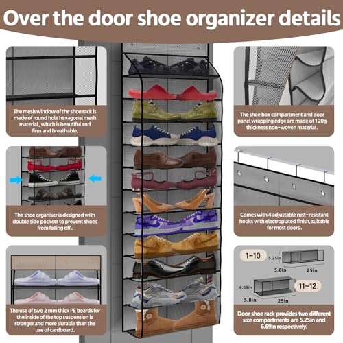 PAULONE 12 Pocket Over the Door Shoe Organizer,Reusable Breathable Large Mesh Bag Men's & Women's Sneaker Organizer,Shoe Organizer for Kids,Hanging Shoe Storage Hanging Bag (Grey) - color: 12th Floor Grey