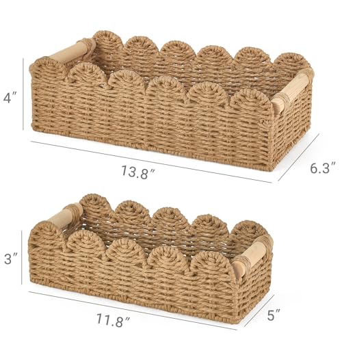 Dahey 2 Pcs Toilet Paper Storage Basket for Bathroom Woven Paper Rope Scalloped Edge Toilet Tank Basket with Handles for Organizing Over Toilet Storage Shelf Countertop Living Room Bedroom Home Decor