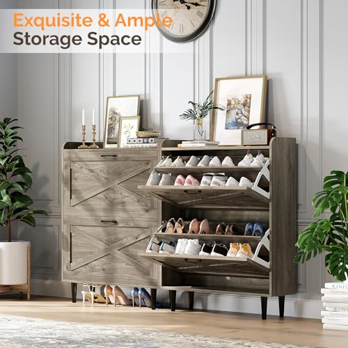 VINGLI Shoe Storage Cabinet for Entryway with 2 Flip Drawers, Ultra Slim Freestanding Entryway Shoe Organizer with Wood Tapered Legs,Hidden Closed Shoe Rack,31.6" W * 9.4" D * 39.4" H, Grey Oak - color: Rustic Grey Oak, size: 31.5"W 2 Drawers