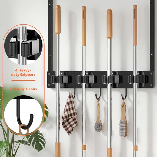 2 Packs Broom Holder Wall Mount with Shelf Load 66LBS Broom and Mop Organizer Wall Hanging Broom Hanger with 4 Mop Hanger Grippers, 3 Hooks for Laundry Room, Garage, Utility Closet, Kitchen - style: 2 Packs
