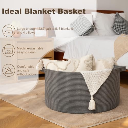 OIAHOMY 90L Blanket Basket for Living Room, Large Basket 23" x 23" x 13" with Handle, Laundry Hamper for Blankets, Pillows, Toy Storage for Kids, Dogs - Grey - color: Grey, size: 23" x 23" x 13"