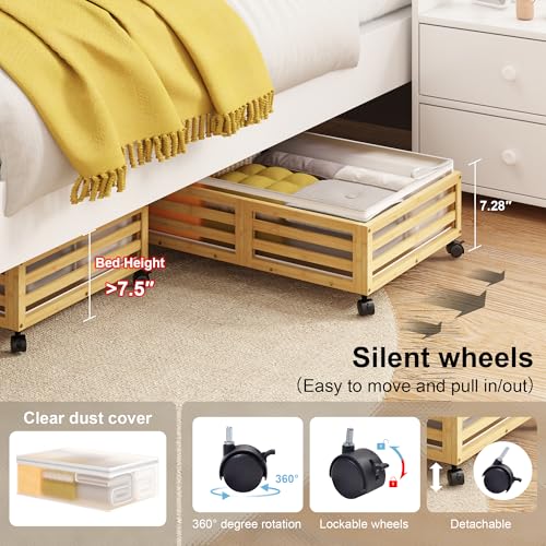 Under Bed Storage with Wheels-Large Bamboo Underbed storage Containers with Large Dust Bag Stackable Under the Bed Shoe Storage Bins for Clothes Books Bedding (2 Packs Nature, 23.62"L×16.54"W× 6.51"H) - color: 2 Packs Nature, size: 23.62"L×16.54"W× 6.5"H