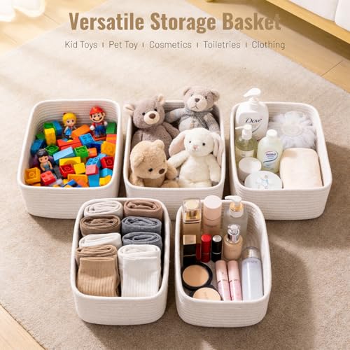 5 Pack White Small Woven Storage Baskets for Shelves, Cotton Rope Baskets Organizer for Bathroom, Closet & Nursery, Decorative Storage Bins for Organizing Socks, Toys, 11.8"x7.9"x4.7" - color: White