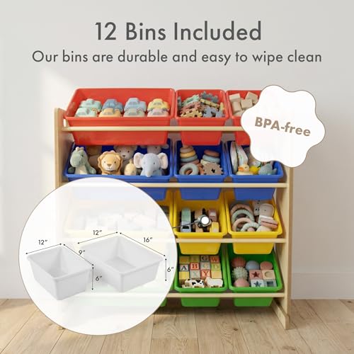 Humble Crew, Natural/Primary Kids' Toy Storage Organizer with 12 Plastic Bins, 34*35*15.5inch - color: Natural/Primary