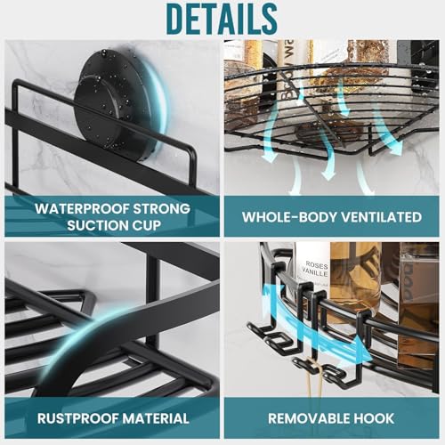 TAILI Powerful Suction Cup Corner Shower Caddy 2 Pack, Stainless Steel Rustproof Shower Shelf with Hook, Drill-free Wall Mounted Basket, Large Capacity Removable Suction Cup Bathroom Organizer, Black - style: Corner Caddy, Black