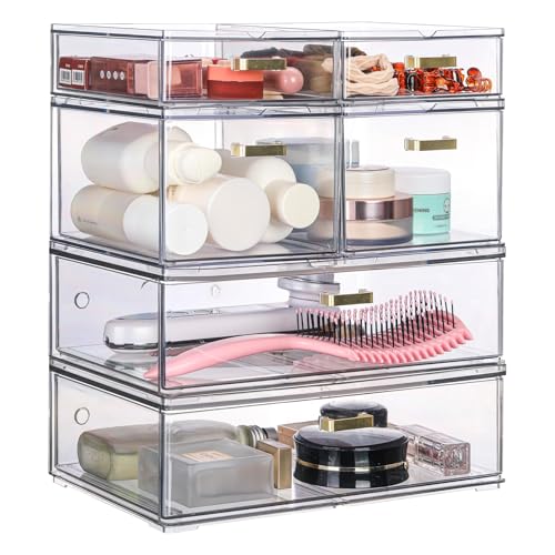 LALOBLUE Stackable Storage Drawers, 6 Pack Clear Acrylic Organizer Bins with Golden Handles, Multi-Size Plastic Drawers for Makeup, Vanity, Kitchen, Bathroom, Office, Pantry Organization and Storage - style: 6 Pack