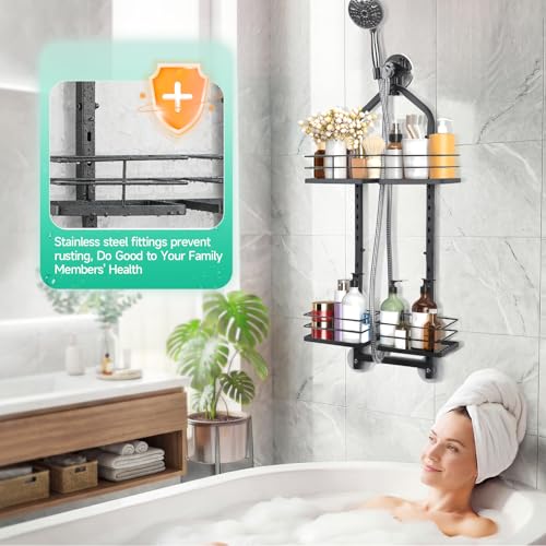 Shower Caddy Hanging for Handheld Showerheads Adjustable Height Extra Long Bathroom Storage Organizer Hanger Rack Rustproof Hose Shower Organizer 4 Levels Height Shower Rack（black - color: black, size: 4 grids