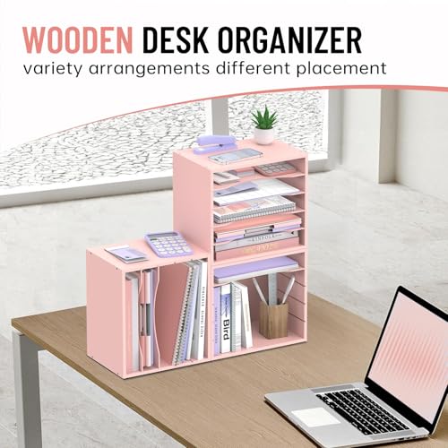 5-Tier Wood Desk Organizer, Paper Tray Organizer for Desk with Adjustable Storage Shelves, Desktop File Organization Paper Sorter Mail Holder for Office Home Classroom, Pink - color: Pink, size: 5 Tier