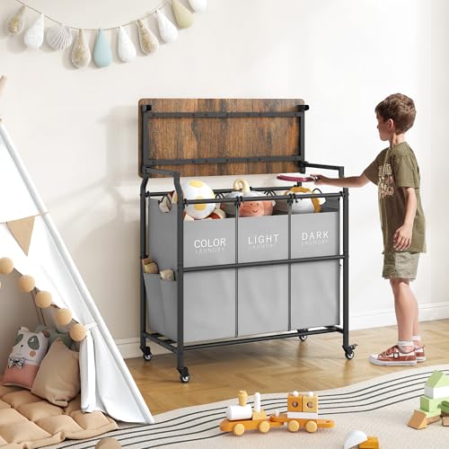 Hoctieon 3 Section Laundry Sorter Cart with Ironing Board, Laundry Hamper with Shelf and Rolling Wheels, Heavy Duty Laundry Basket Organizer, Large Clothes Separator Hamper with Removable Bags, Gray - color: Gray