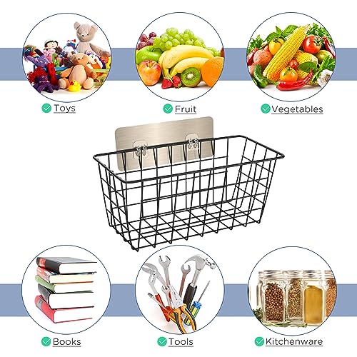 2 Pack Hanging Wall Basket Wire Storage Baskets, Adhesive Basket for Cabinet Door Organizer No Drilling, Hanging Fruit Baskets for Kitchen, Pantry Organization, Bathroom, Black - style: No Drilling,2pack