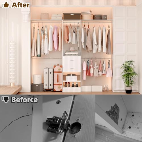Closet System Set of 2, Closet Organizer System With 4 Wood Drawers, Walk-In Closet Storage System With 10 Hanging Rods, Adjustable Cloth Garment Rack, Fits Spaces 6Ft-14Ft, White - color: ‎2 drawer 3 shelve, size: 2 PC