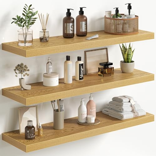 Fun Memories Floating Shelves for Wall 36 Inch Set of 3, Farmhouse Floating Shelves with Invisible Heavy Duty Bracket, 10 Inch Deep Bathroom Shelves for Storage, Living Room, Kitchen, Decor, Oak - color: Oak, size: 36"W x 10"D - 3P