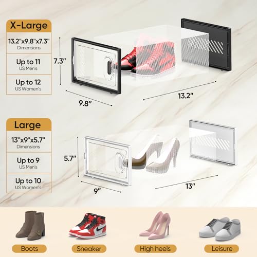 BALEINE 6 Pack Stackable Shoe Storage Boxes Fit Size 9, Thickened Clear Shoe Box Bins with Lids, Plastic Foldable Shoe Rack Organizer Sneaker Storage Containers (Large, White) - color: White, size: Large Fits Size 9-6PK