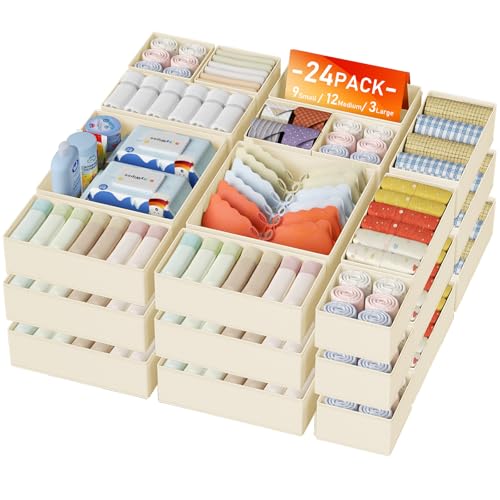 DIMJ Drawer Organizer Clothes 24 Pack - Foldable Baby Organizers and Storage Dresser Organizer for Bedroom, Closet Nursery Organization Dresser Dividers for underwear, Sock, Bra, Belt, Tie - color: Beige, size: 24 Pack