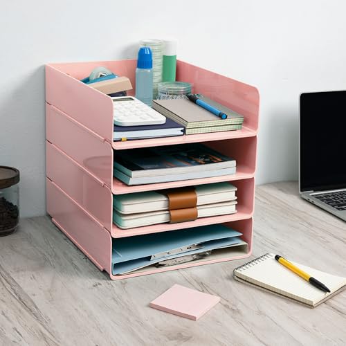Tiawudi Desk Organizer, Office Organization and Storage, Plastic Letter Tray, Stackable File Organizer for Classroom, Home, Documents, Notes, Folders, Books and Pens, 4 Tier - color: Pink