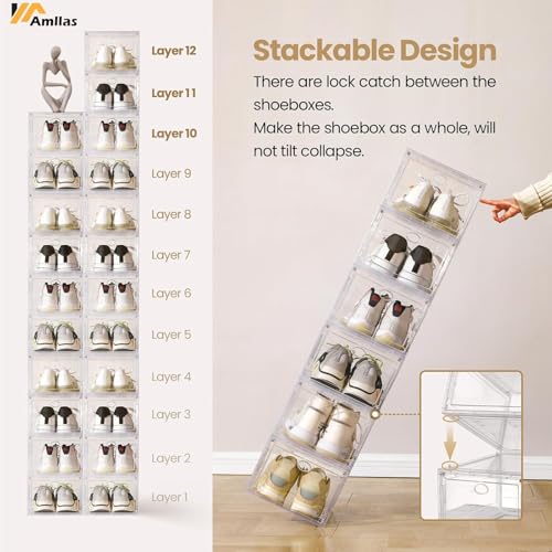 Amllas 12 Pack Clear Shoe Boxes Stackable,Shoe Storage Boxes for Closet,Sturdy Shoe Box Storage Containers with Clear Door,Sneaker Storage,Easy to Assemble,Fit up to US Size 12(13.8”x 9.84”x 7.1”) - color: Clear, size: 12 Pack