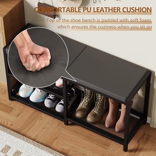 ZHOOGE Shoe Bench & Rack Storage Bench - Entryway Bench with Seat Cushion, Stable Organizer for Entryway & Living Room, Holds Up to 300 lb, (35" L x 12" W x 17" H, Black) - color: Black, size: 35"L x 12"W x 17"H