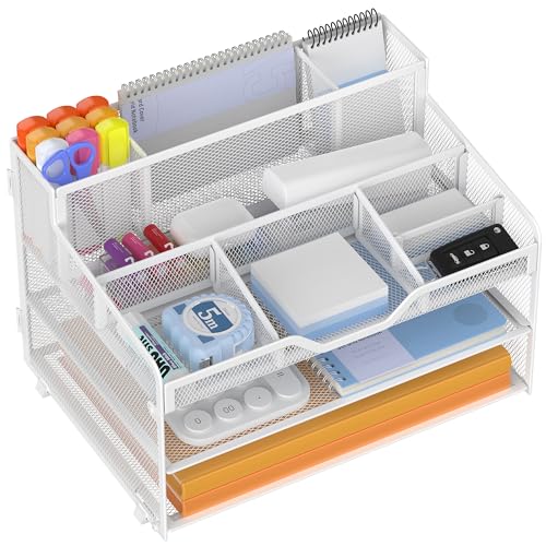 Docnest 3 Tier Mesh Desk Organizer for Paper Office Supplies – Multi-Functional Letter Tray with 5 Adjustable Compartments, 3 Pen Holders, Desktop Storage for Files, Mail, Stationery – White - color: White, size: 12.7" x 9.1" x 8.6"