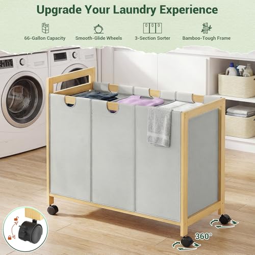 Homykic 250L Laundry Sorter Cart with Wheels, 3-Section Rolling Laundry Basket with Removable Bags, 66 Gal Large Laundry Hamper Organizer, Heavy Duty Bamboo Frame, Water-Resistant, Grey - color: Grey