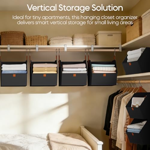 Homsorout Collapsible Hanging Closet Organizer - 3 Tier Closet Shelves Storage System with Hooks, Fabric Hanging Storage Bins for Clothes, Foldable Storage Basket for Laundry, Bedroom, Rv, Black - color: Black, size: 3 shelves