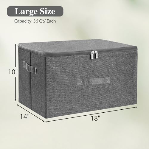 ANMINY 2PCS Storage Bins with Zipper Lids 36 Qt Lidded Fabric Storage Boxes Baskets Cubes with Handles Collapsible Washable Cotton Linen Closet Shelf Clothes Organizer Containers - Gray, Large - color: Gray, size: Large (Pack of 2)