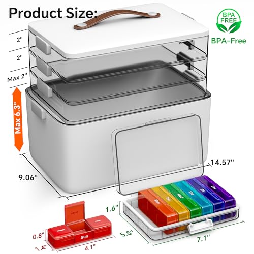 CTIME 4-Tier XL Medicine Organizer with Leather Handle - Portable Pill Case & Empty First Aid Kit for Home, Travel, RV, School, Dorm | Ideal Elderly Gift - size: 4 Tier Medicine Organizer Set