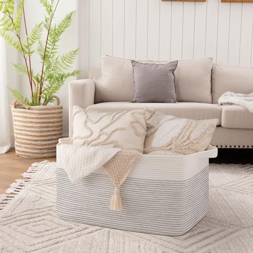 OIAHOMY Extra Large Blanket Basket, 95L Cotton Rope Woven Laundry Basket, Toy Bin for Baby Room, Container for Blanket Storage in Living Room, 24''×17''×14'', Black & White - color: Black & White, size: 95L