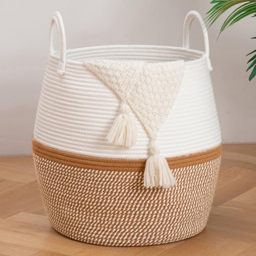 OIAHOMY 60L Blanket Basket with Handle, Storage Basket for Living Room, Laundry Hamper for Clothes, Towels, Pillows, Toy Storage for Kids and Dogs, Baby Hamper for Nursery - Brown & White - color: Brown & White, size: 60L