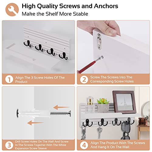 Decorative Key Hanging Rack with 4 Double Hooks – Easy Install Natural Wooden Key and Mail Holder for Wall Mount – Entryway Decor Rack with Shelf (White) - color: White
