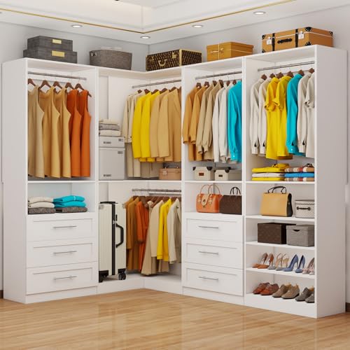 Closet System with 6 Drawers, Corner Closet Organizer System with 9 Rods & Shelves Walk in Wooden Modular Closet Storage System L-Shaped U -Shaped Freestanding 4 Sets, 2500+ Lbs Capacity White - color: Cl07090910