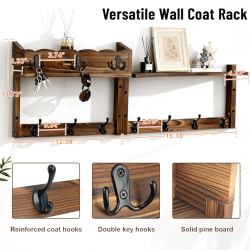 28" Coat Rack Wall Mount with Shelf, Entryway Key Holder Wall Mount Wood Wall Coat Hooks with 7 Hooks 3 Key Hanger, Wall Mounted Coat Rack Mail Holder for Living Room, Bedroom - color: Brown, size: 28 inch