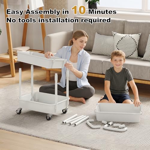 3 Tier Rolling Cart with Wheels, White Plastic Three Tiered Roller Shelf Cart on Lockable Wheels, Small Utility Storage Organzier Carts for Craft, Art, Baby Diaper Caddy, Snack, Dorm, Kitchen,Bathroom - color: White