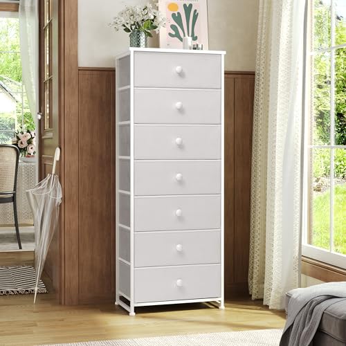 Crestlive Products Tall Dresser, 7-Drawer Fabric Storage Tower, Chests of Drawers - Vertical Organizer Unit for Bedroom, Hallway, Entryway, Nursery, Closets - Steel Frame, Wood Top & Handles (White) - color: White, style: Narrow-7 Drawers