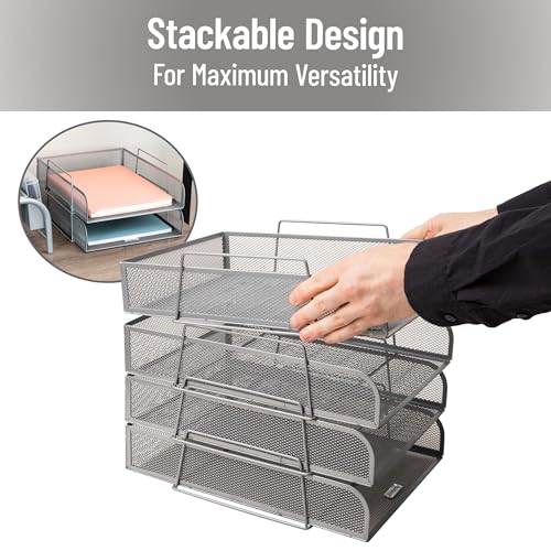 Mind Reader Stackable Paper Tray, Desktop Organizer, File Storage, Office, Metal Mesh, 10.5" L x 13.5" W x 11.25" H, 4 Pcs., Silver - color: Silver