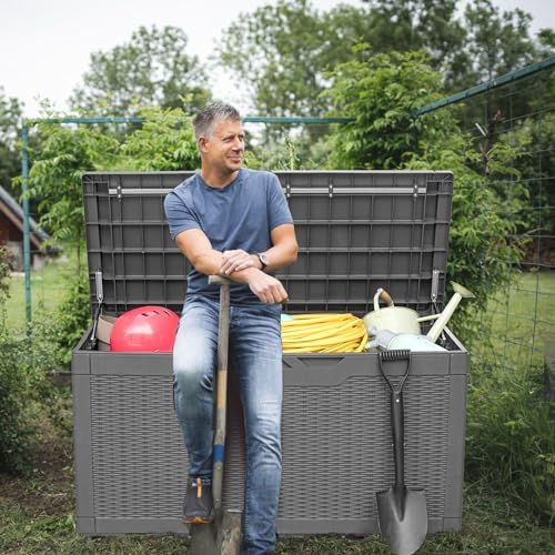 Greesum 100 Gallon Resin Deck Box Large Outdoor Storage, Imitation Rattan Weave Texture for Patio Furniture, Garden Tools, Pool Supplies, Weatherproof and UV Resistant, Lockable, Gray - color: Gray, size: 100 Gallon