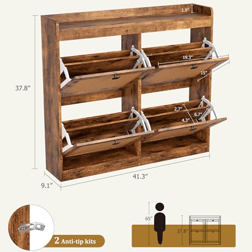 GarveeHome Shoe Cabinet Rattan with 4 Flip Drawers, Wooden Freestanding Shoe Organizer with Adjustable Shelves, Shoe Storage for Entryway, Closet, Hallway - color: Brown, size: 4-Drawers