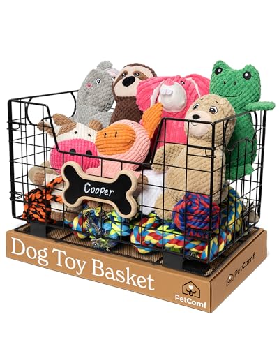 Metal Dog Toy Basket for Dogs and Cats (15” x 10” x 9”) - Heavy-Duty Storage Bin Holds Pet Chew Toys, Bones, Ropes, Blankets, Towels, Treats - Large Dog Toy Box for Living Room Area Organization