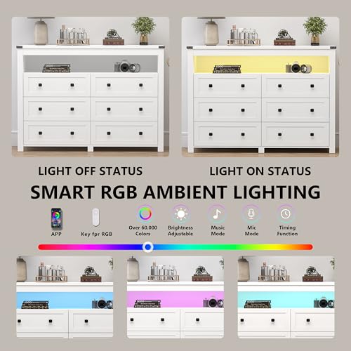 Dresser for Bedroom with 6 Drawers, Wide Chest of Drawers with LED Light and Power Outlet, Wooden Closet Organizer Clothes Storage Cabinet, Modern Double Dressers for Living Room, Hallway, White - color: White, size: 15.8"D x 47.2"W x 39.4"H (6 Drawers)