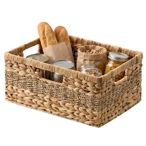 StorageWorks Large Rectangular Wicker Basket, Water Hyacinth and Seagrass Storage Basket with Built-in Handles, 1 Pack - color: Natural (Water Hyacinth with Seagrass), size: 15"L x 11"W x 6 ¾"H