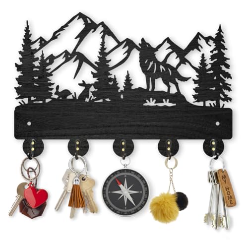 MAYJOYDIY Wolf Rabbit Forest Coat Hooks Wood Animal Moutain Key Holder Wall Mount 11.8×7.9inch Key Hanger Wall Art Decor 5 Alloy Hooks Black Key Rack Organizer for Gift Entryway Hallway Kitchen Room - color: Wolf Rabbit Forest