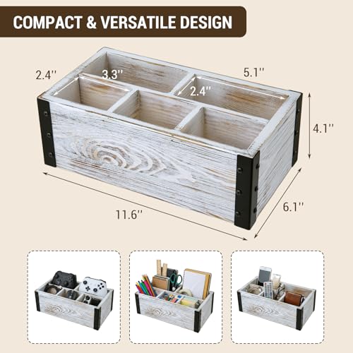 MyGift Rustic Whitewashed Wood 5-Compartment Remote Control and Media Storage Organizer with Black Metal Corner Trim - color: White Washed