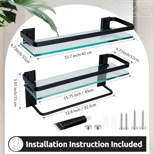 Suzile Set of 2 Glass Bathroom Shelves with Bar, Wall Mounted 15.7 x 4.7 Inches, Bathroom Shelves Hanging Modern Floating Shelf Metal Stick Room Rustproof Organizer Decorative(Black) - color: Black