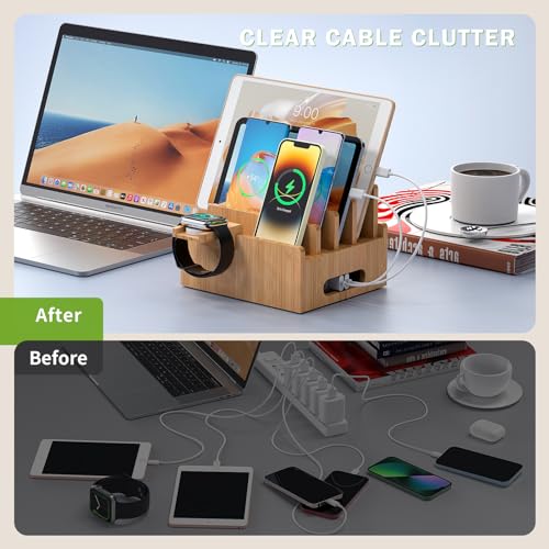 Pezin & Hulin Bamboo Charging Stations, Cell Phone Organizer for Multiple Devices, Tablets, Smart Watch, Included 5 Port USB Charger, Pack 5 Cables - color: Dock Rack +HUB +Cables