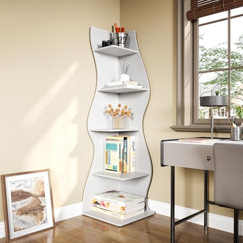 LITTLE TREE 70-Inch Corner Shelf, Seaweed Shaped Etagere Display Bookshelf, Freestanding 5-Tier Wall Shelves for Small Spaces, Living Room, Bedroom, White, 1 Pack - color: White, size: 1 Pack