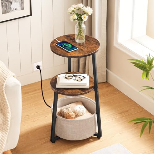 HOOBRO Small Round Side Table with Charging Station, Round End Table with Cotton Linen Storage Basket, Compact Sofa Side Table Nightstand for Small Space, Corner, Living Room, Rustic Brown BF169UBZ01 - color: Rustic Brown + Black