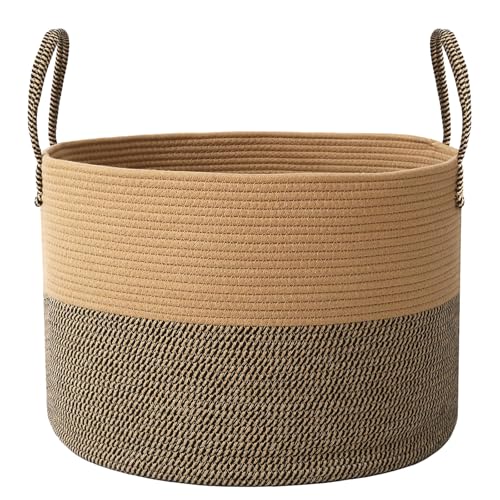 JMvicyroam 65L Extra Large Blanket Basket for Living Room - Woven Cotton Rope Laundry Hamper with Reinforced Handles - Storage Bin for Pillows, Comforters & Toys - Machine Washable,Jute&Black - color: Jute&Black, size: 65L
