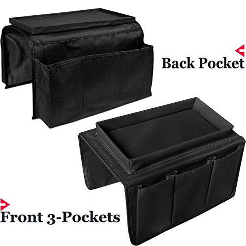 Couch Sofa Armrest Organiser with Cup Holder Tray Chair TV Remote Holder Bedside Storage Pocket Bag for Cellphone Tablet Notepad Book Magazines DVD Eyewears Drinker Snacks Holder Pouch - color: Black (with top tray)